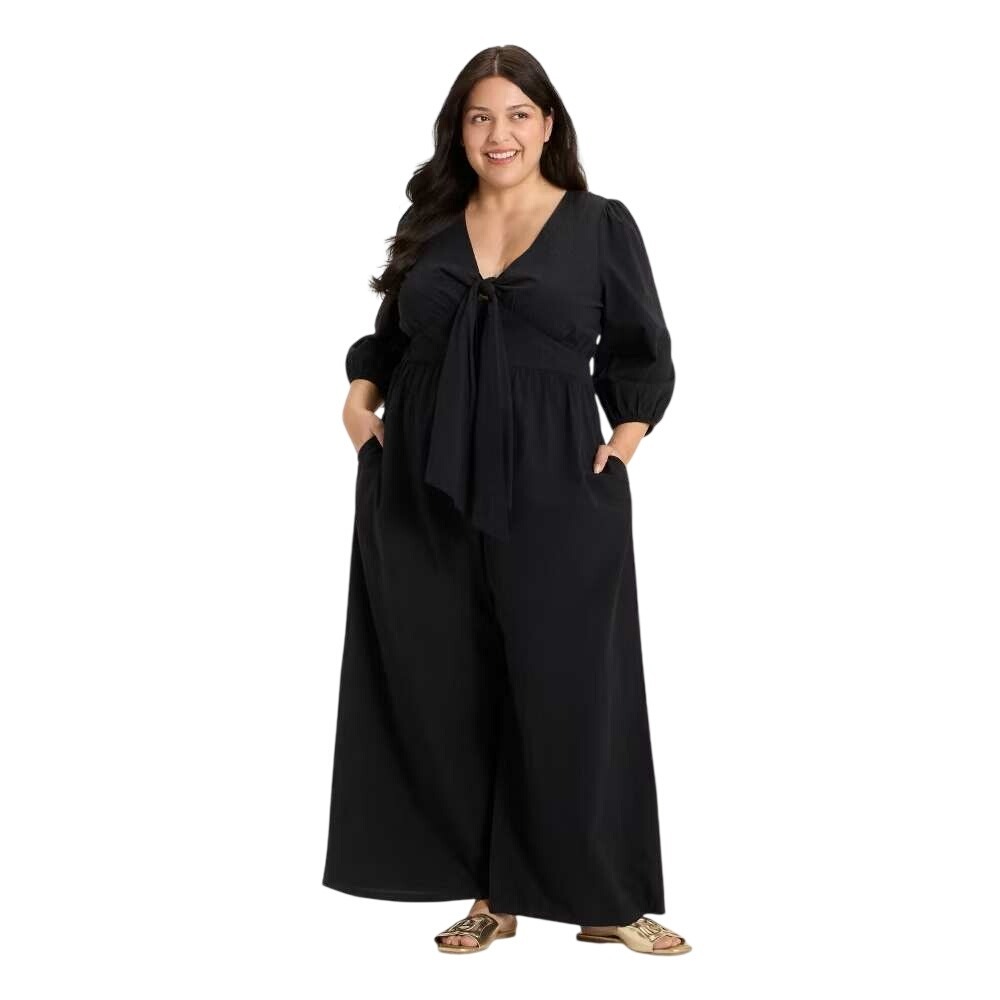 AVA & VIV Tie-Front Wide-Leg Jumpsuit with Puff Sleeve Pockets EUC